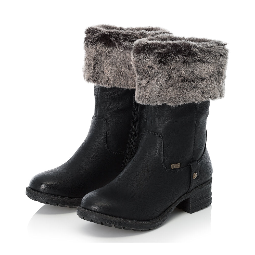 Rieker Ladies Mid Calf Boot Faux Fur Trim