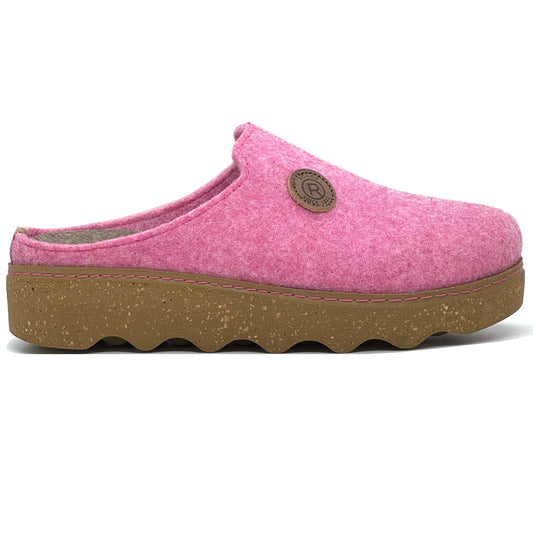 A pink woolen slipper with a chunky sole, featuring a label with a circular design on the top.