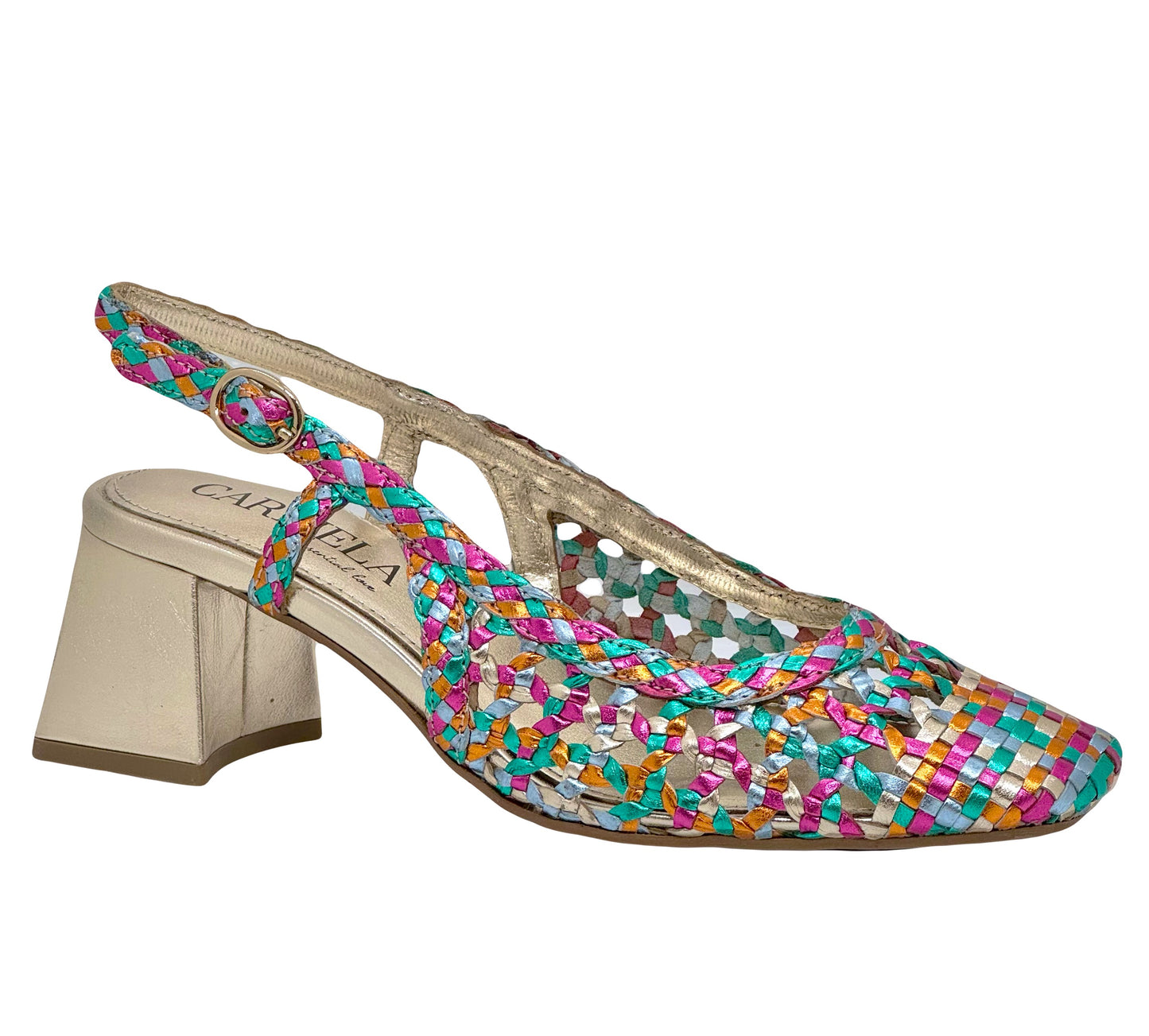 Carmela Ladies Woven Upper Block Heel Slingback