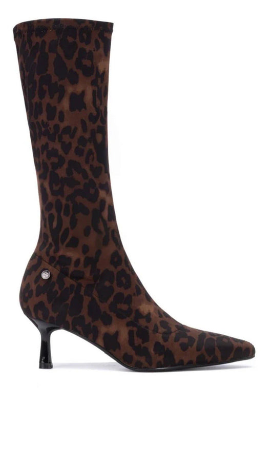 XTI Ladies Leopard Print Kitten Heel Boot