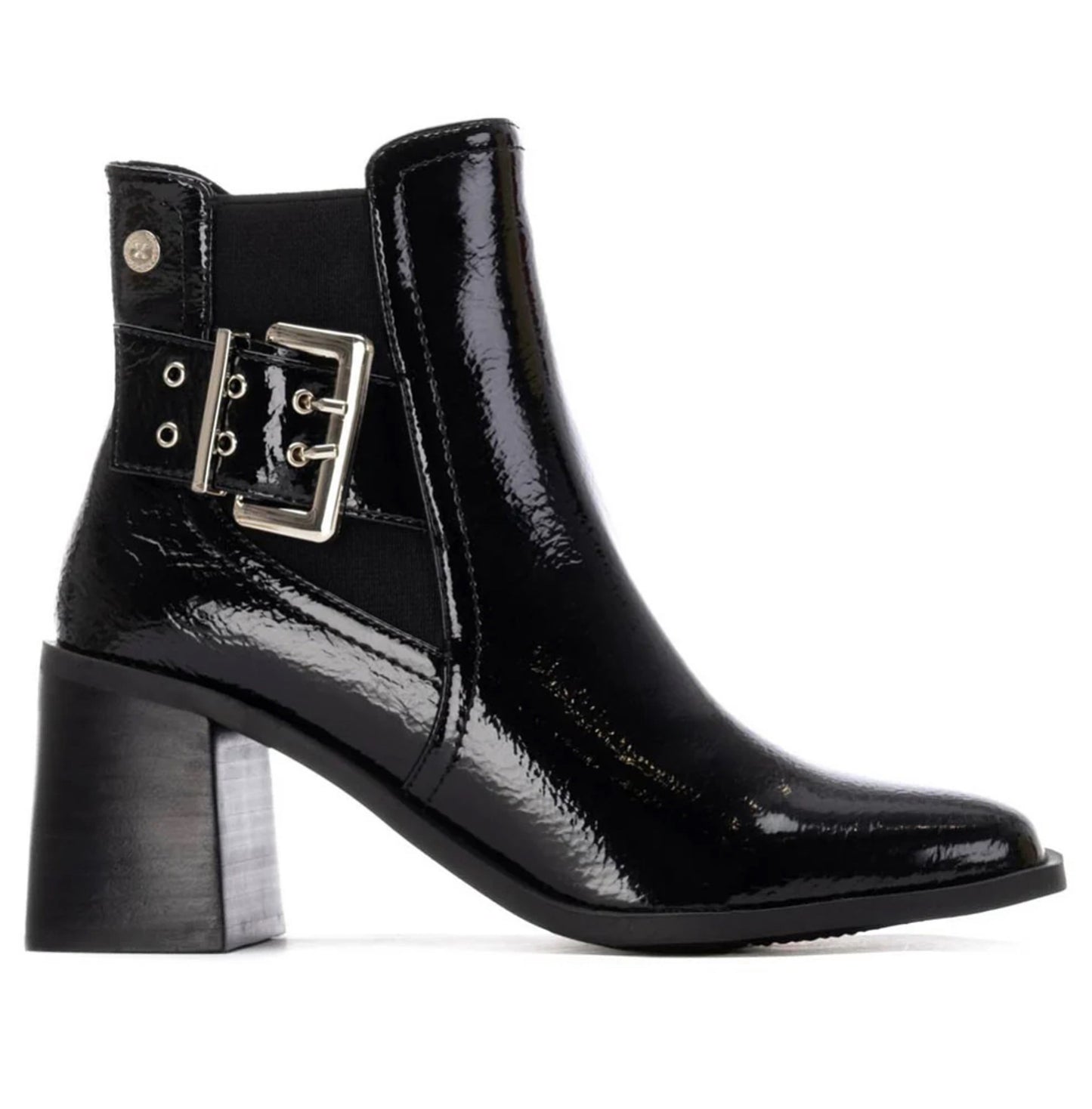 XTI Ladies Crinkle Patent Block Heel Ankle Boot