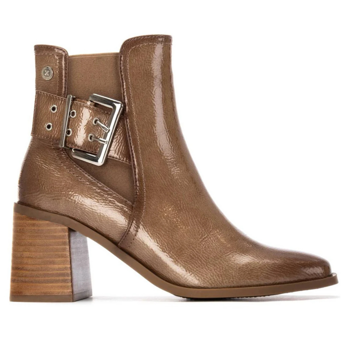 XTI Ladies Crinkle Patent Block Heel Ankle Boot