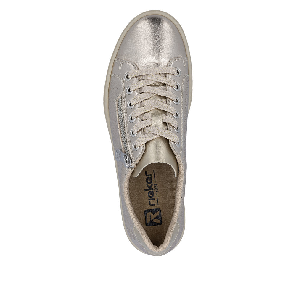Rieker Ladies Pearlized Leather Zip Side Lace Up Sneaker