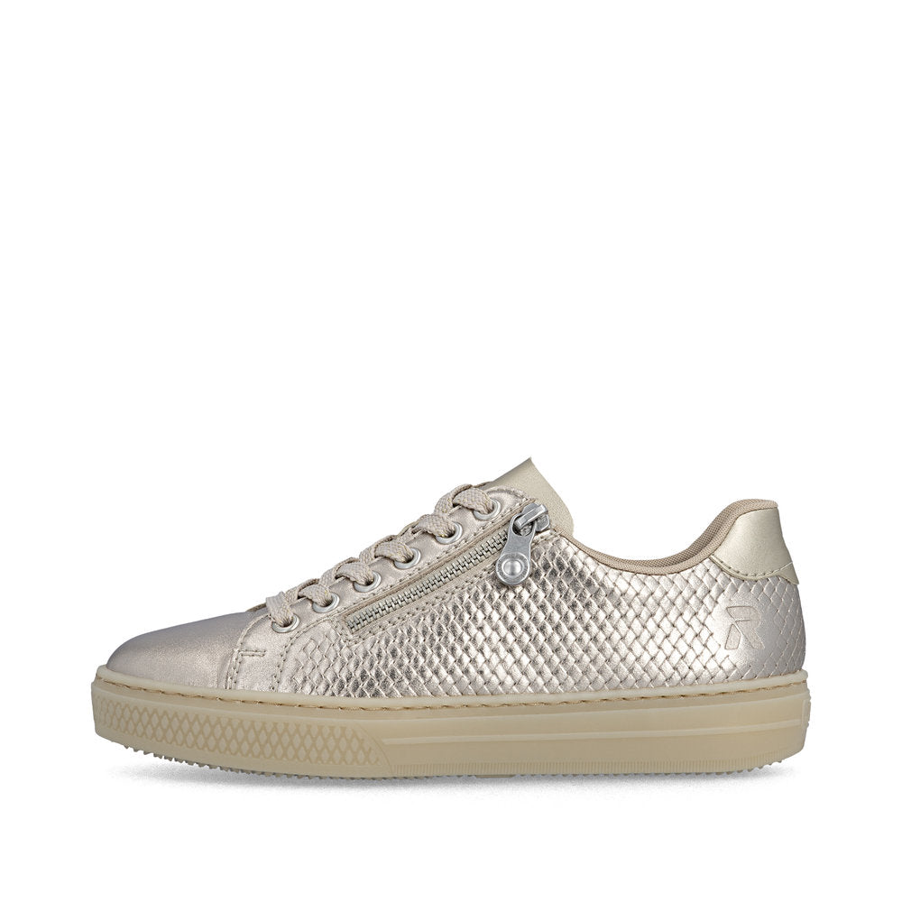 Rieker Ladies Pearlized Leather Zip Side Lace Up Sneaker