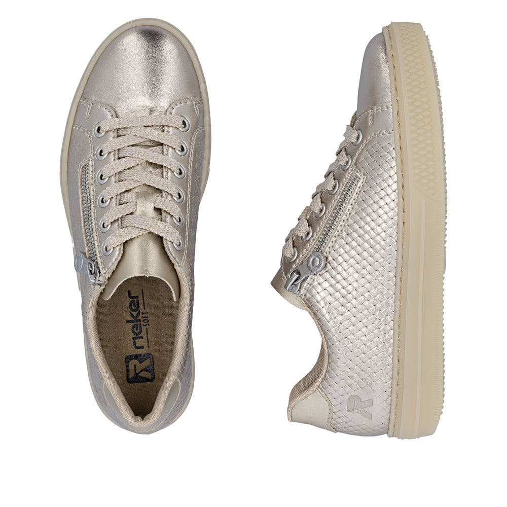 Rieker Ladies Pearlized Leather Zip Side Lace Up Sneaker
