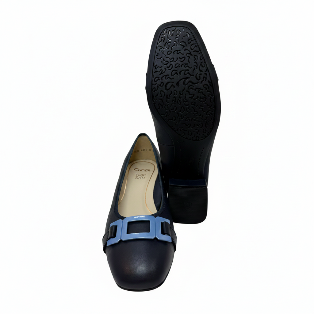 Ara Graz High Soft Square Trim Low Heel Navy Court Shoe