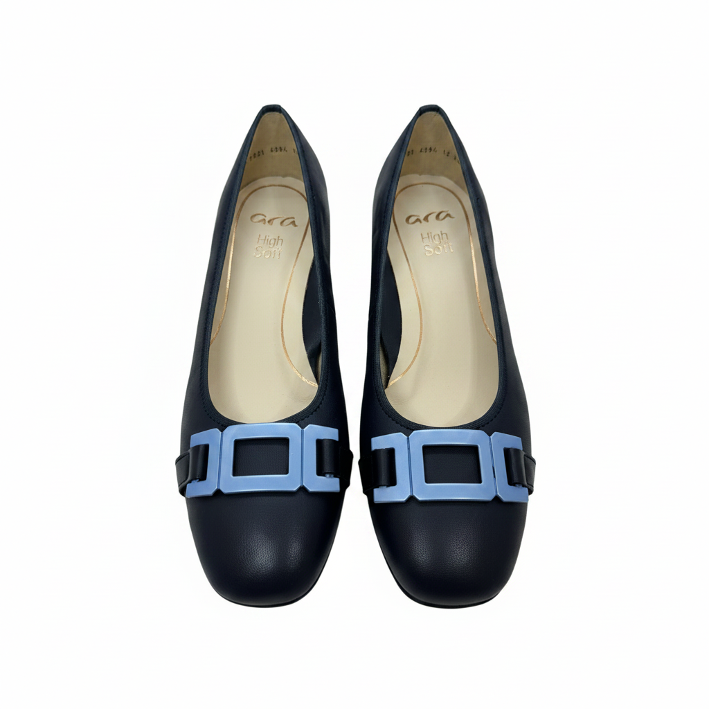 Ara Graz High Soft Square Trim Low Heel Navy Court Shoe