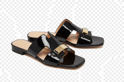 HB Ladies Patent Leather Gold Trim Slider - Background Removed