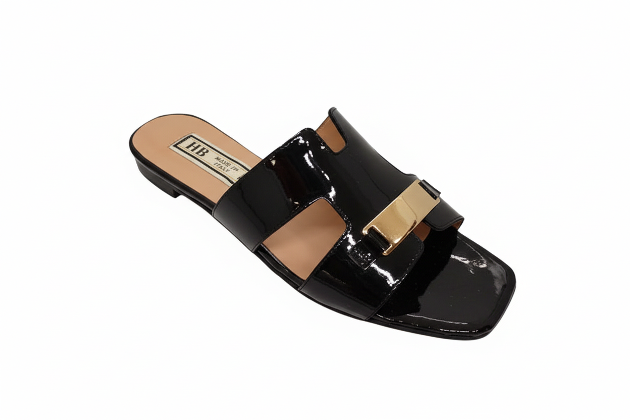 HB Ladies Patent Leather Gold Trim Slider - Background Removed