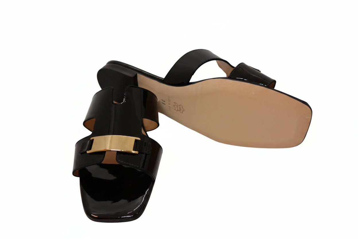 HB Ladies Patent Leather Gold Trim Slider - Background Removed