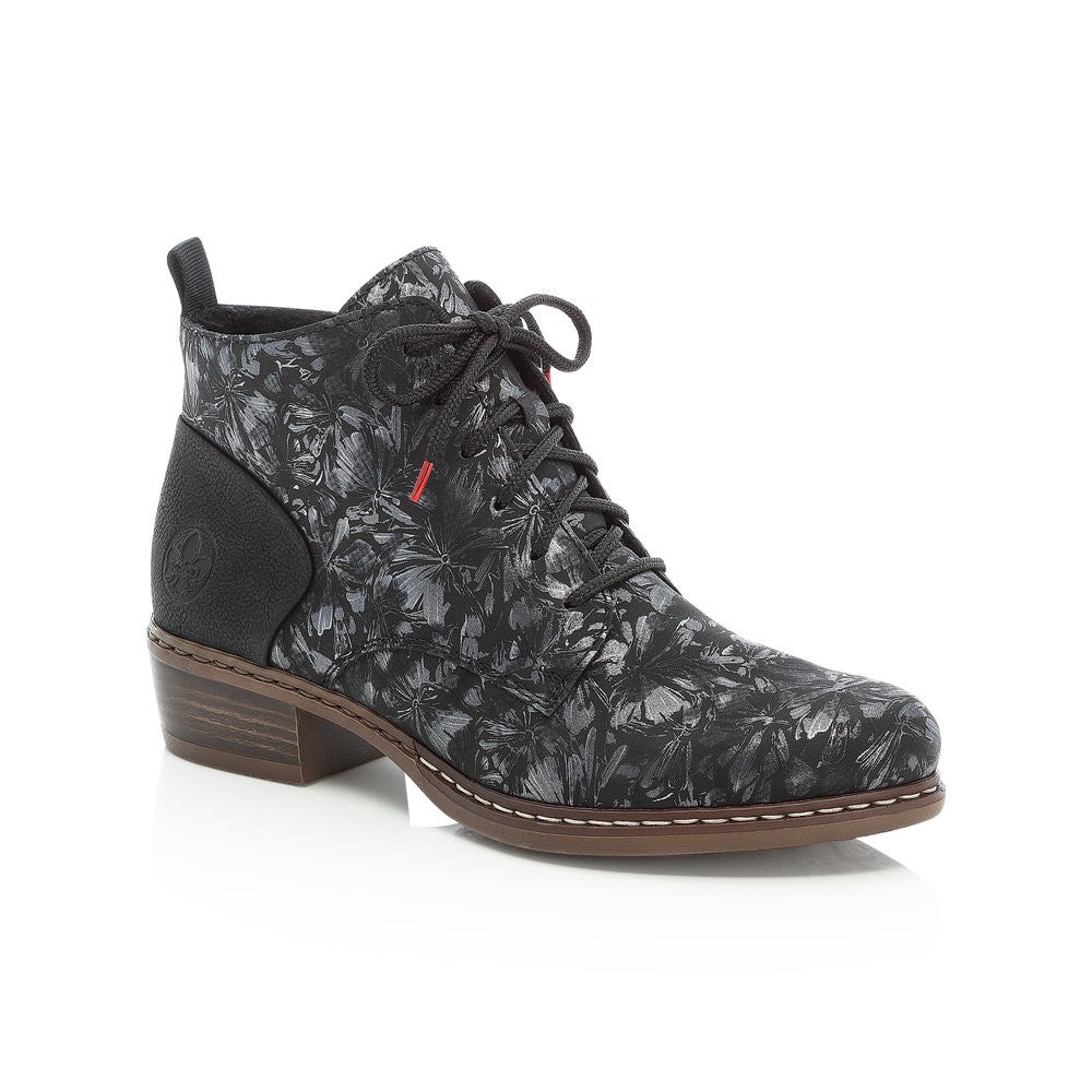 Rieker Ladies Lace Up Ankle Boot Metallic Floral Print