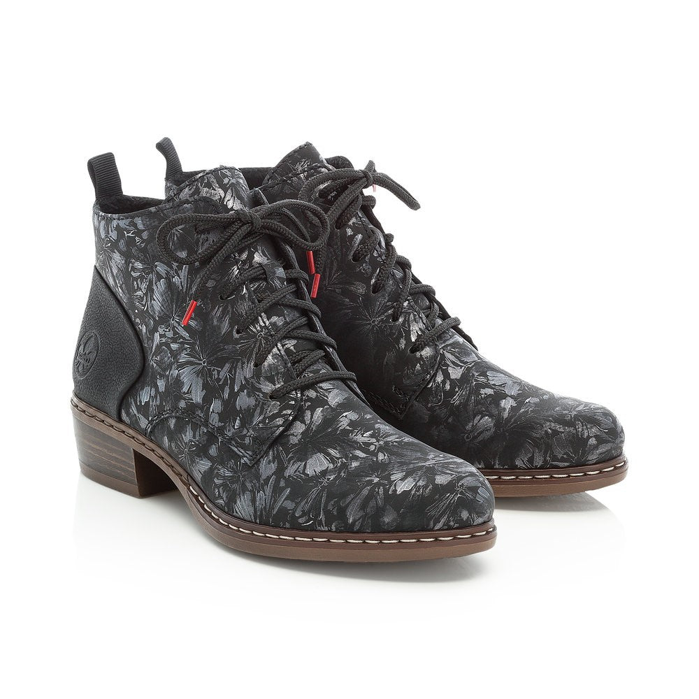 Rieker Ladies Lace Up Ankle Boot Metallic Floral Print