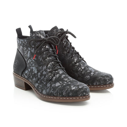 Rieker Ladies Lace Up Ankle Boot Metallic Floral Print