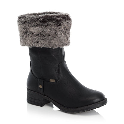 Rieker Ladies Mid Calf Boot Faux Fur Trim