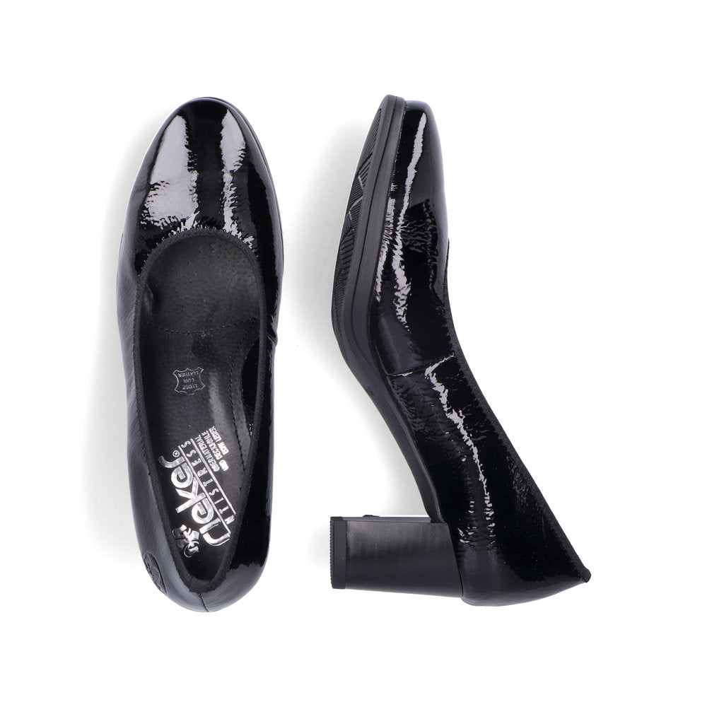 Rieker Ladies Mid Heel Crinkle Patent Court Shoe