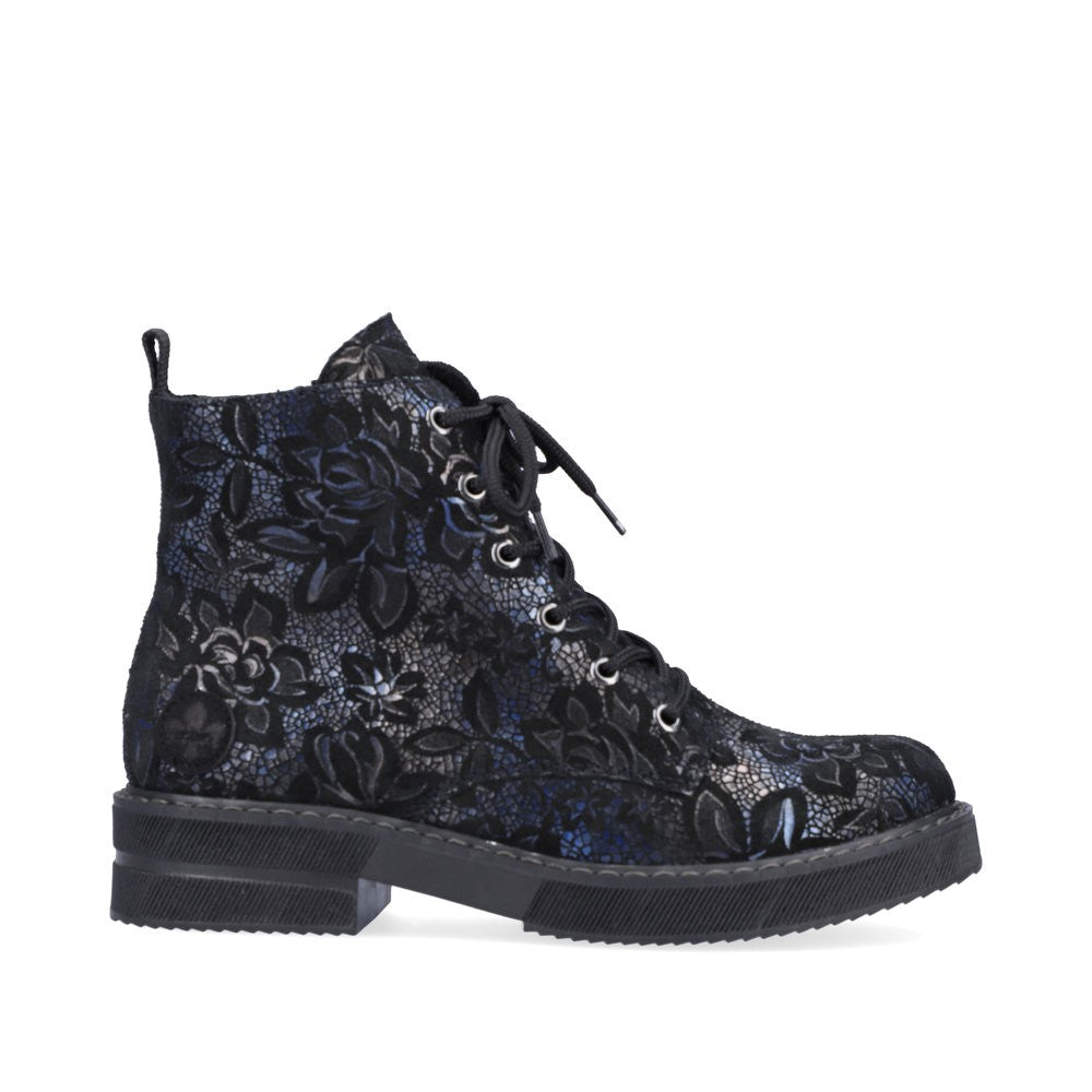 Rieker Ladies Velour Lace Up Chunky Sole Ankle Boot