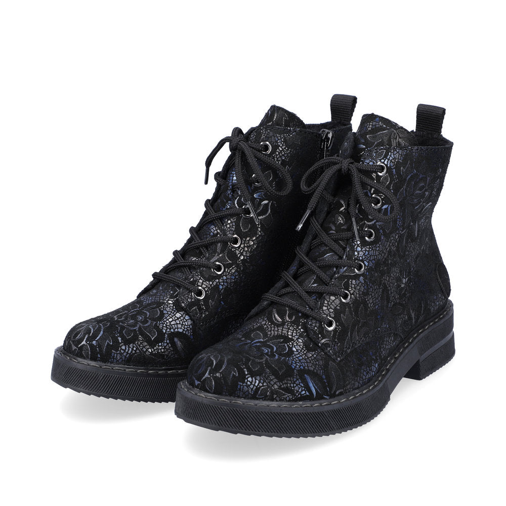 Rieker Ladies Velour Lace Up Chunky Sole Ankle Boot