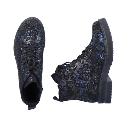 Rieker Ladies Velour Lace Up Chunky Sole Ankle Boot