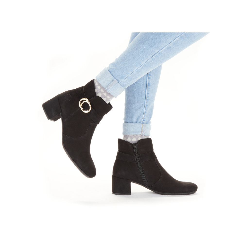 Rieker Ladies Block Heel Buckle Trim Ankle Boot