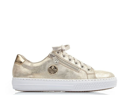 Rieker Ladies Soft Gold Metallic Lace Up Trainer Shoe